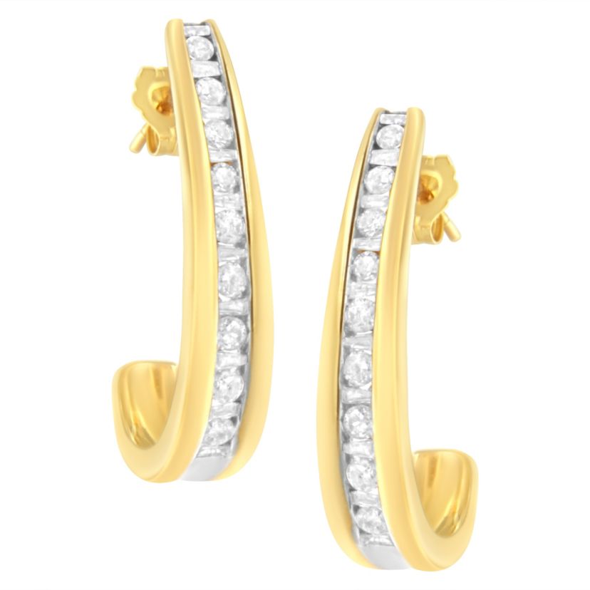 10K Yellow Gold 1 Ct Channel Diamond J-Hoop Earrings