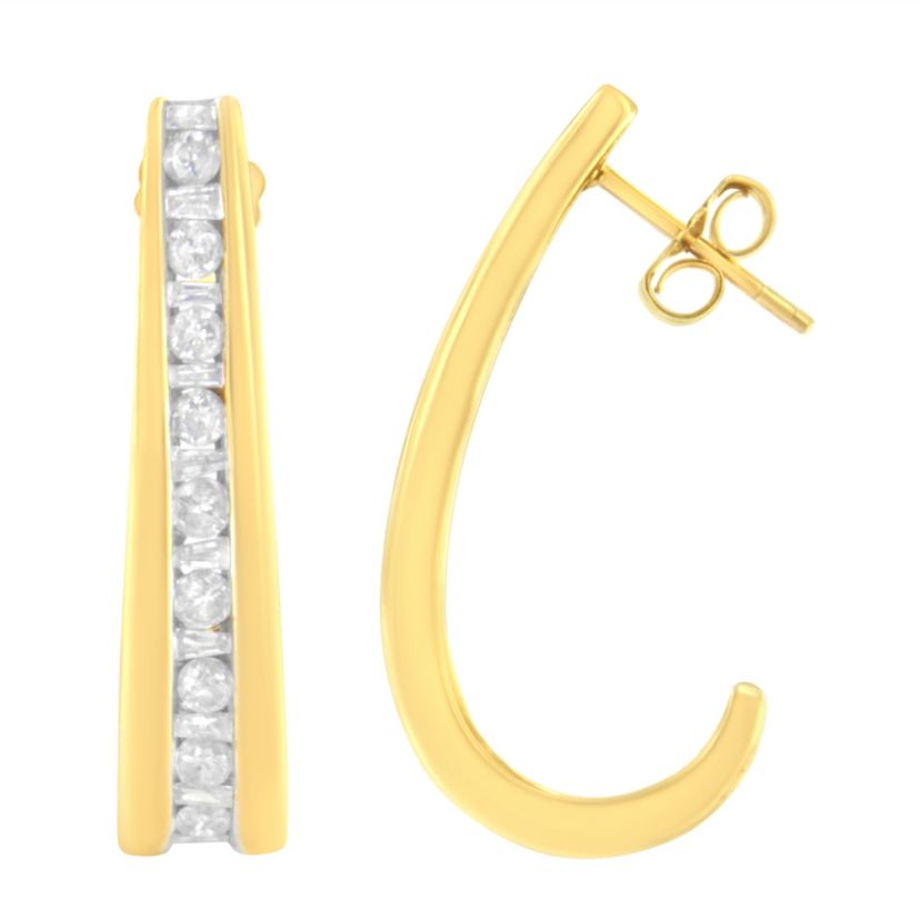 10K Yellow Gold 1 Ct Channel Diamond J-Hoop Earrings
