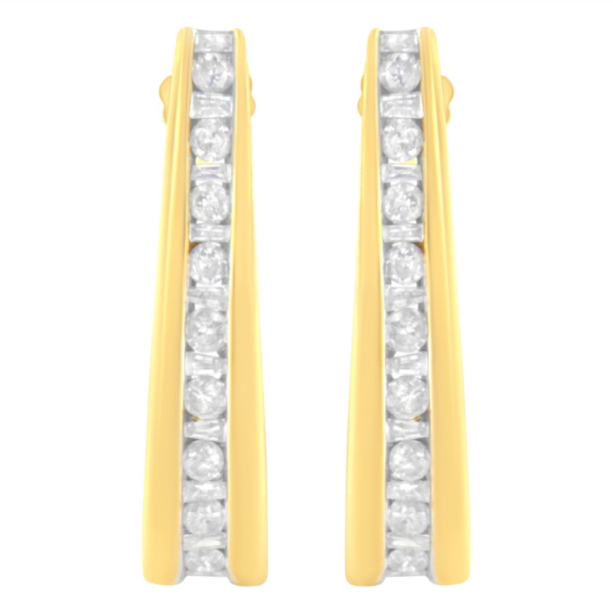 10K Yellow Gold 1 Ct Channel Diamond J-Hoop Earrings