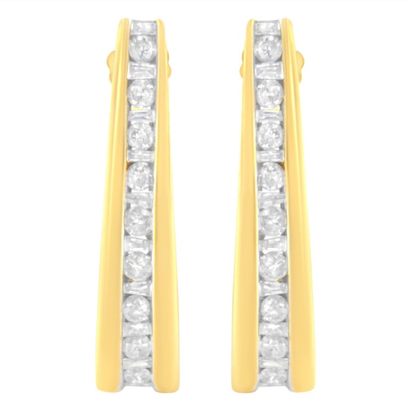 10K Yellow Gold 1 Ct Channel Diamond J-Hoop Earrings
