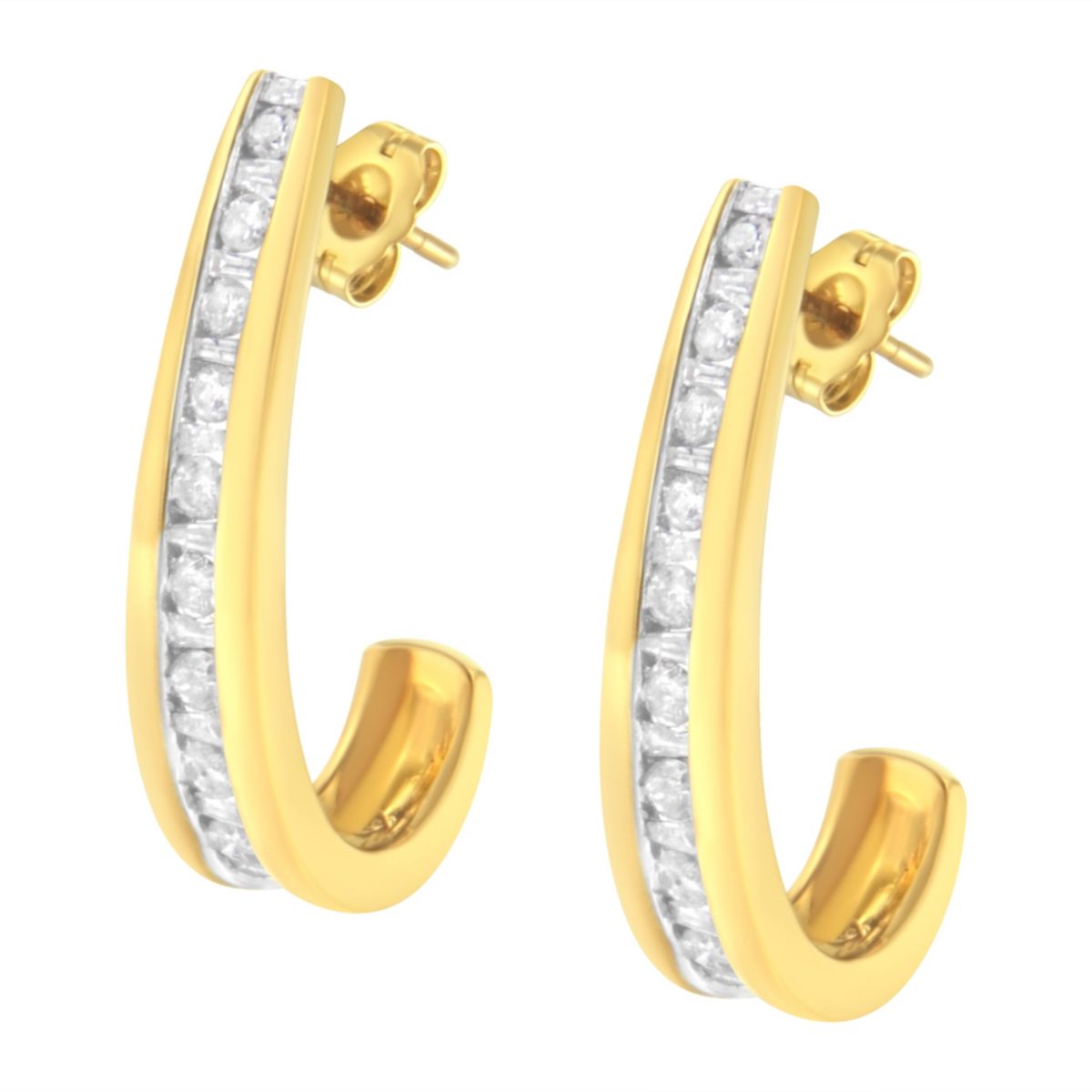 10K Yellow Gold 1 Ct Channel Diamond J-Hoop Earrings
