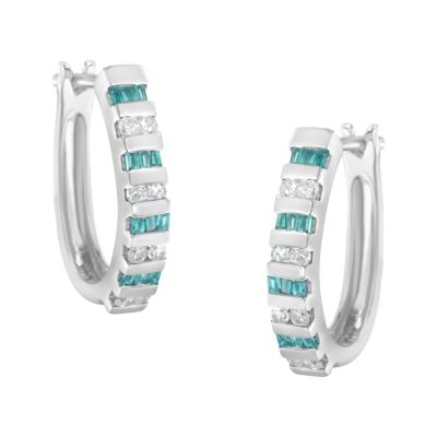 Haus of Brilliance 10k White Gold Round and Blue Baguette 1/2 Ct Diamond Hoop Earrings
