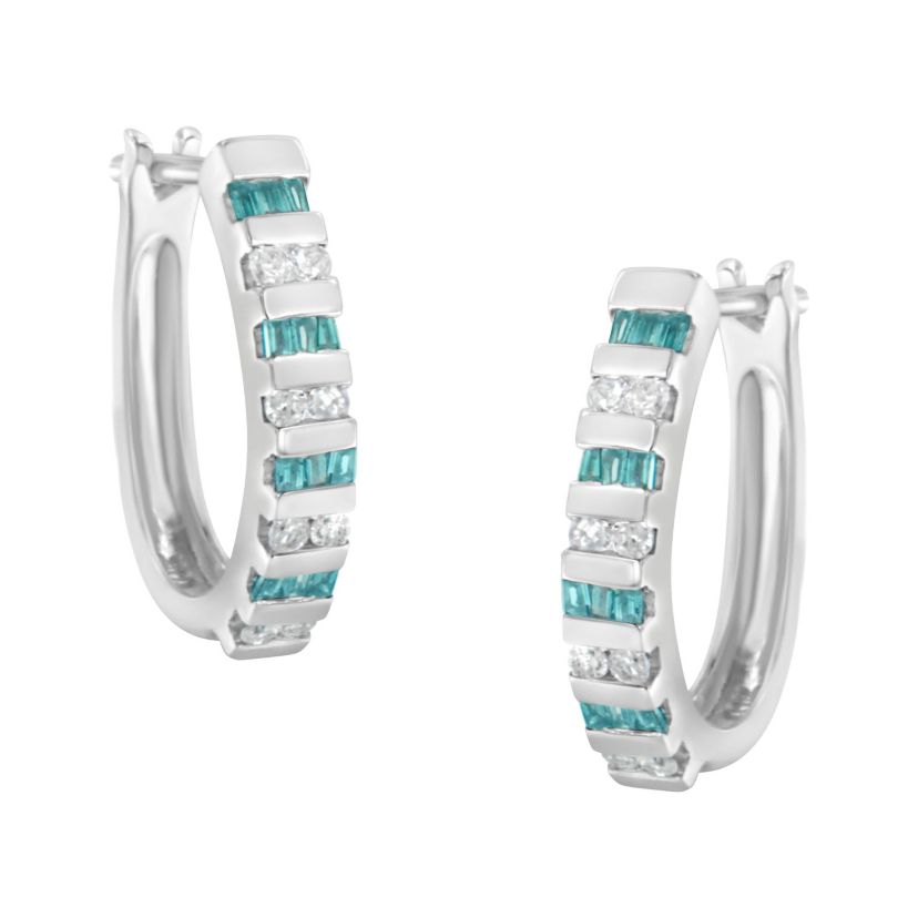 10k White Gold Round and Blue Baguette 1/2 Ct Diamond Hoop Earrings