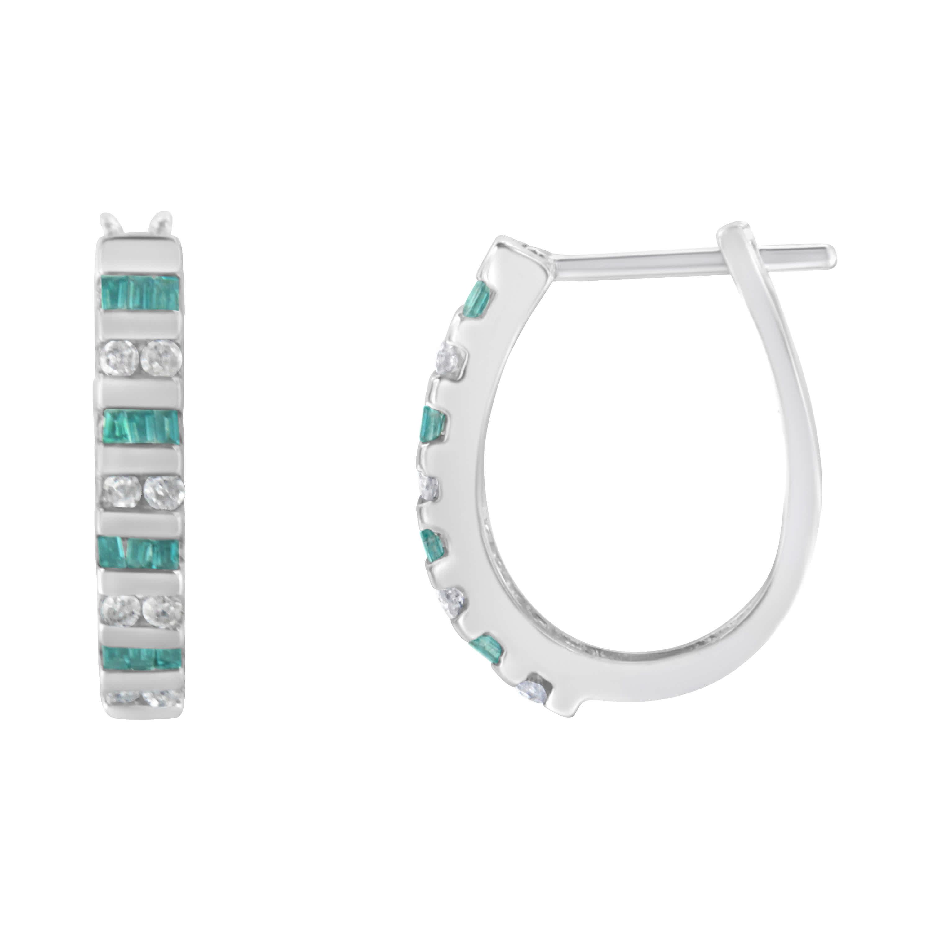 10k White Gold Round and Blue Baguette 1/2 Ct Diamond Hoop Earrings