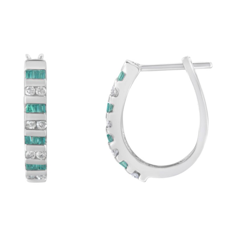 10k White Gold Round and Blue Baguette 1/2 Ct Diamond Hoop Earrings