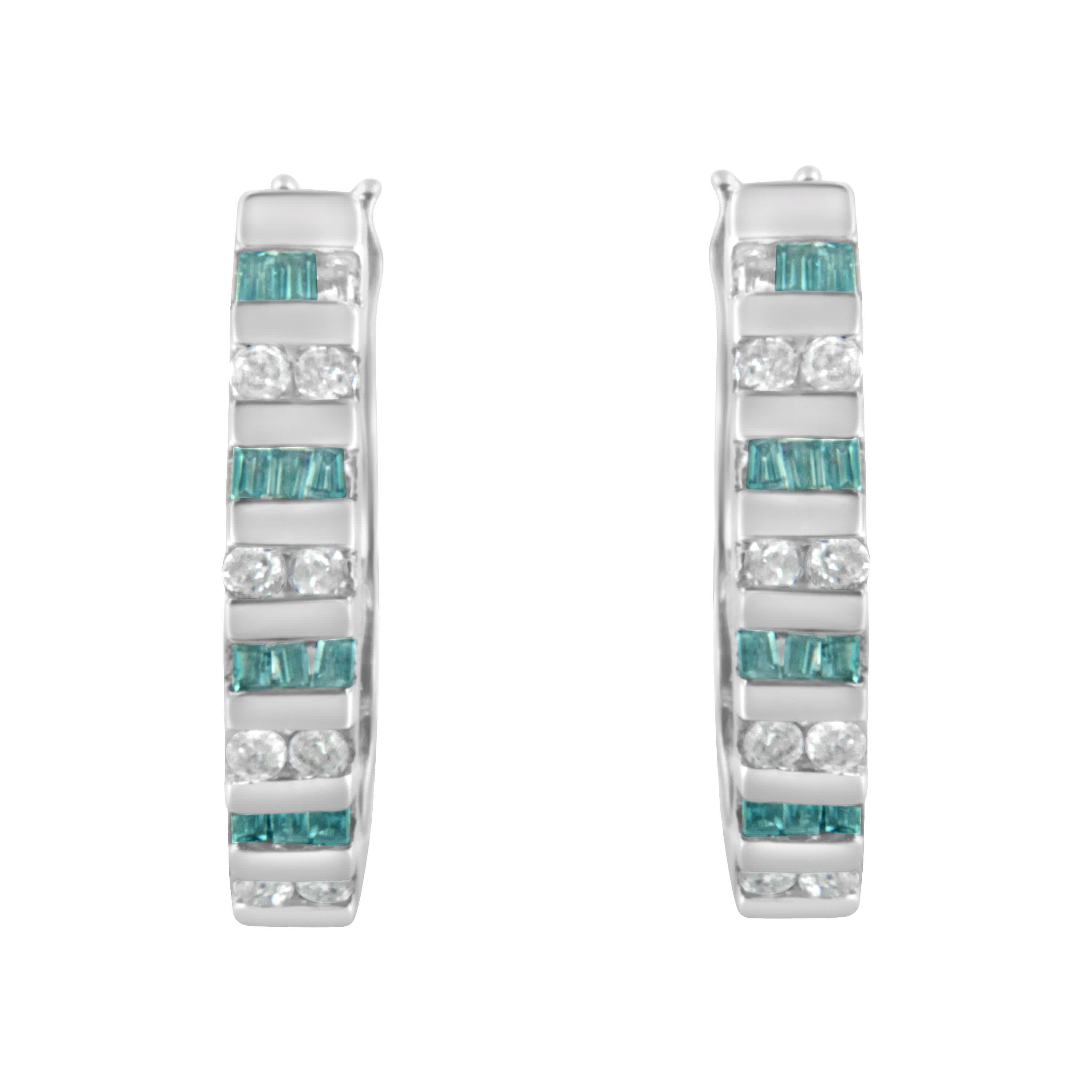 10k White Gold Round and Blue Baguette 1/2 Ct Diamond Hoop Earrings