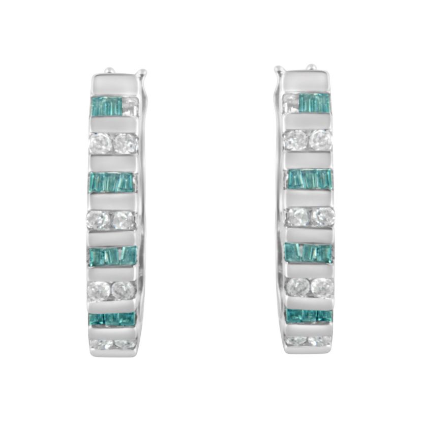 10k White Gold Round and Blue Baguette 1/2 Ct Diamond Hoop Earrings