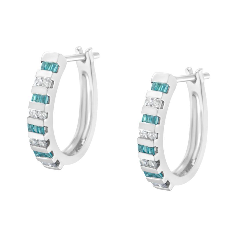 10k White Gold Round and Blue Baguette 1/2 Ct Diamond Hoop Earrings