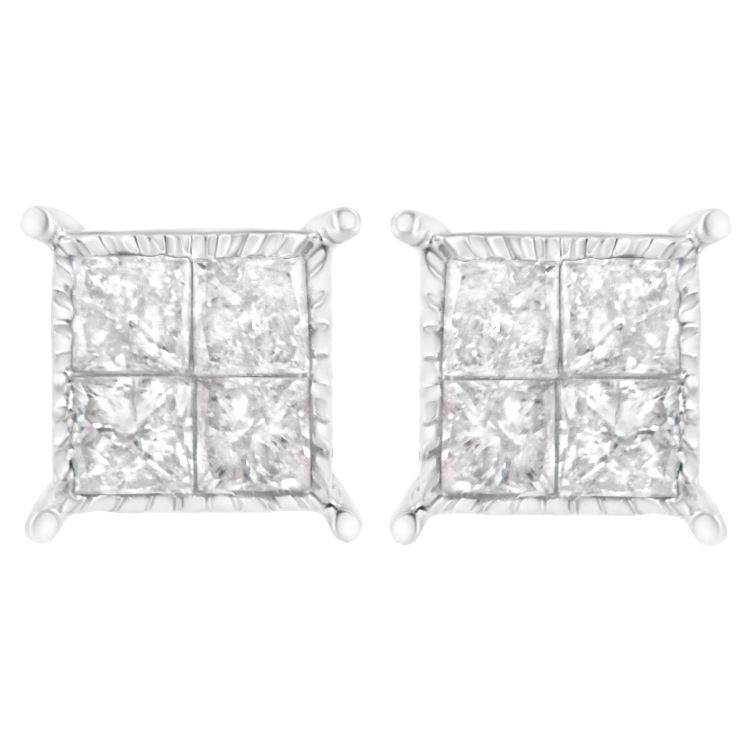 10K White Gold Square Earrings with Princess Diamond