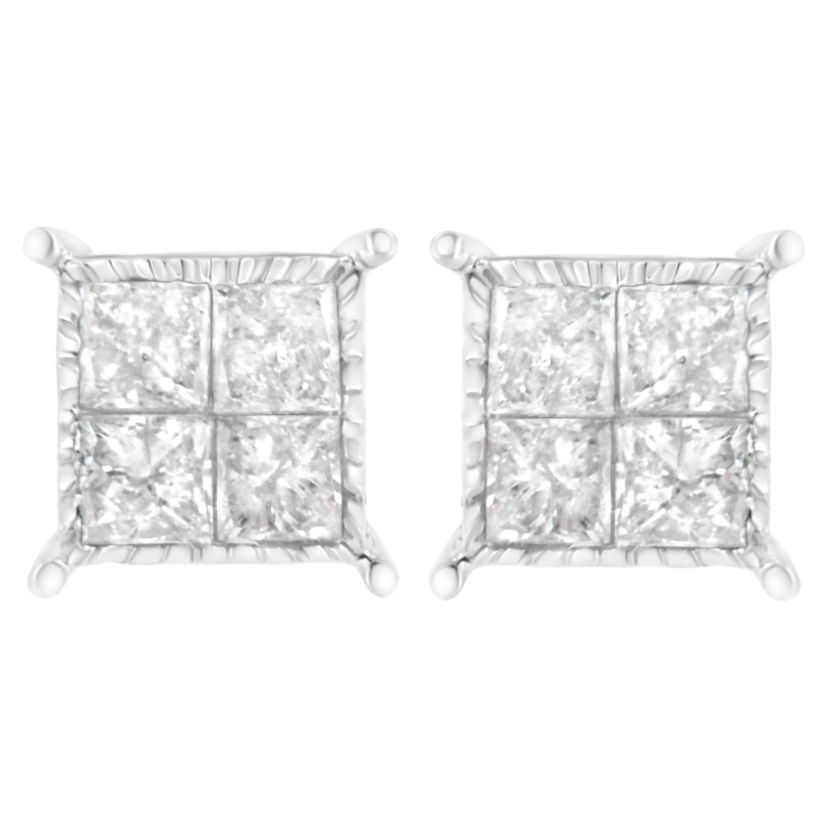 10K White Gold Square Earrings with Princess Diamond