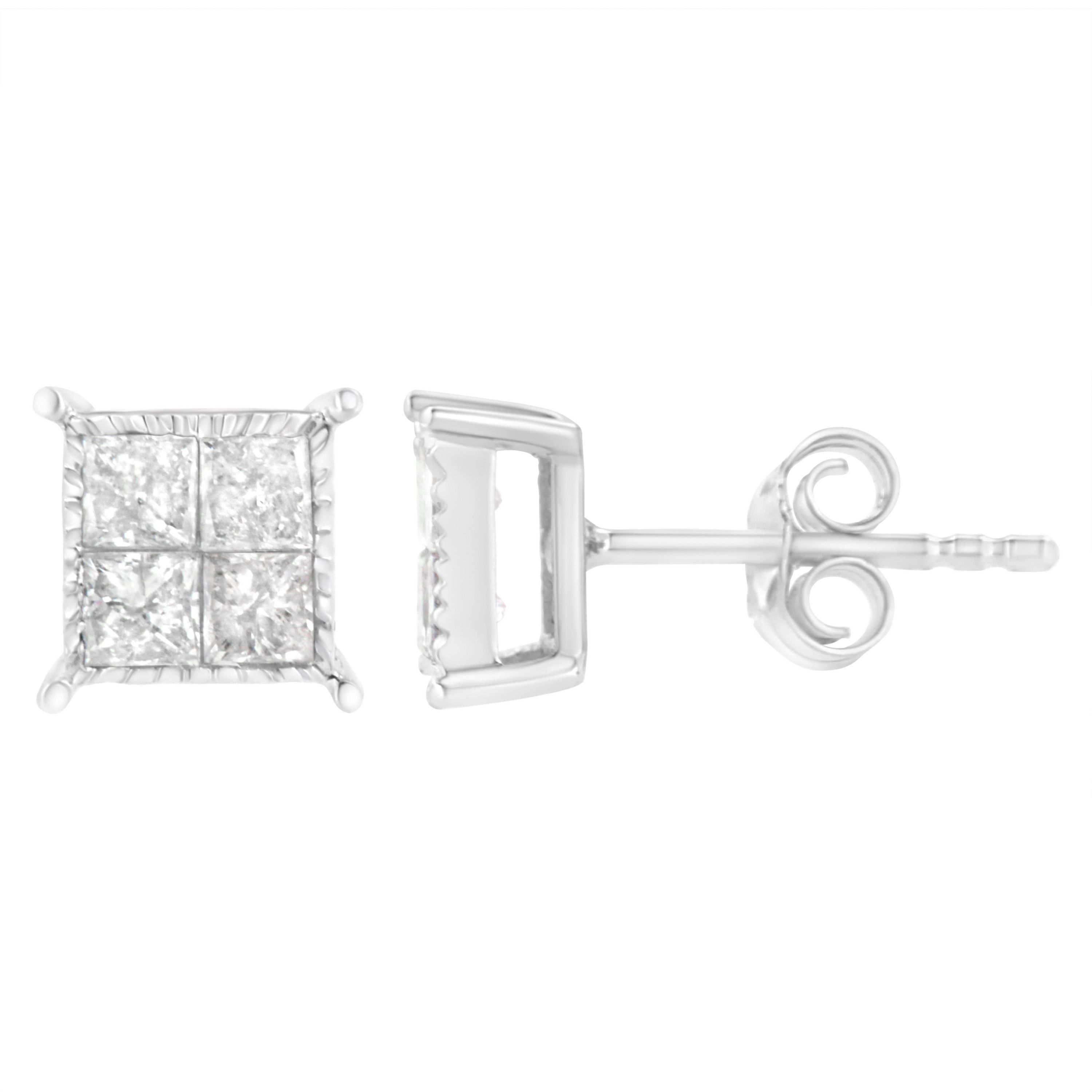 10K White Gold Square Earrings with Princess Diamond