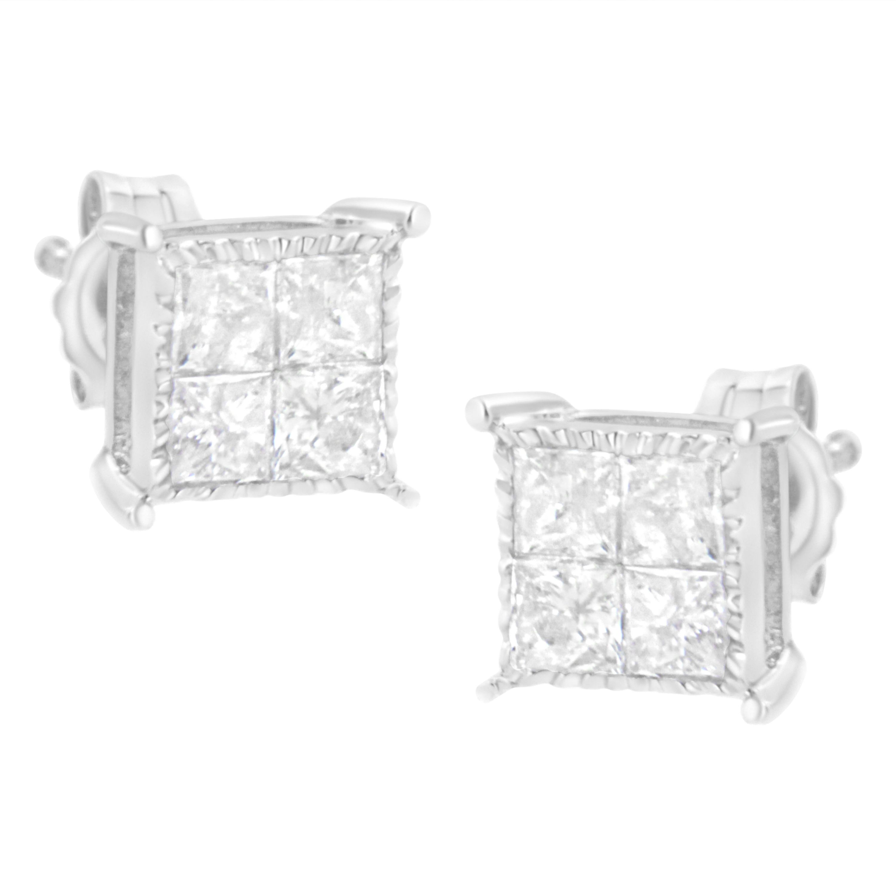 10K White Gold Square Earrings with Princess Diamond