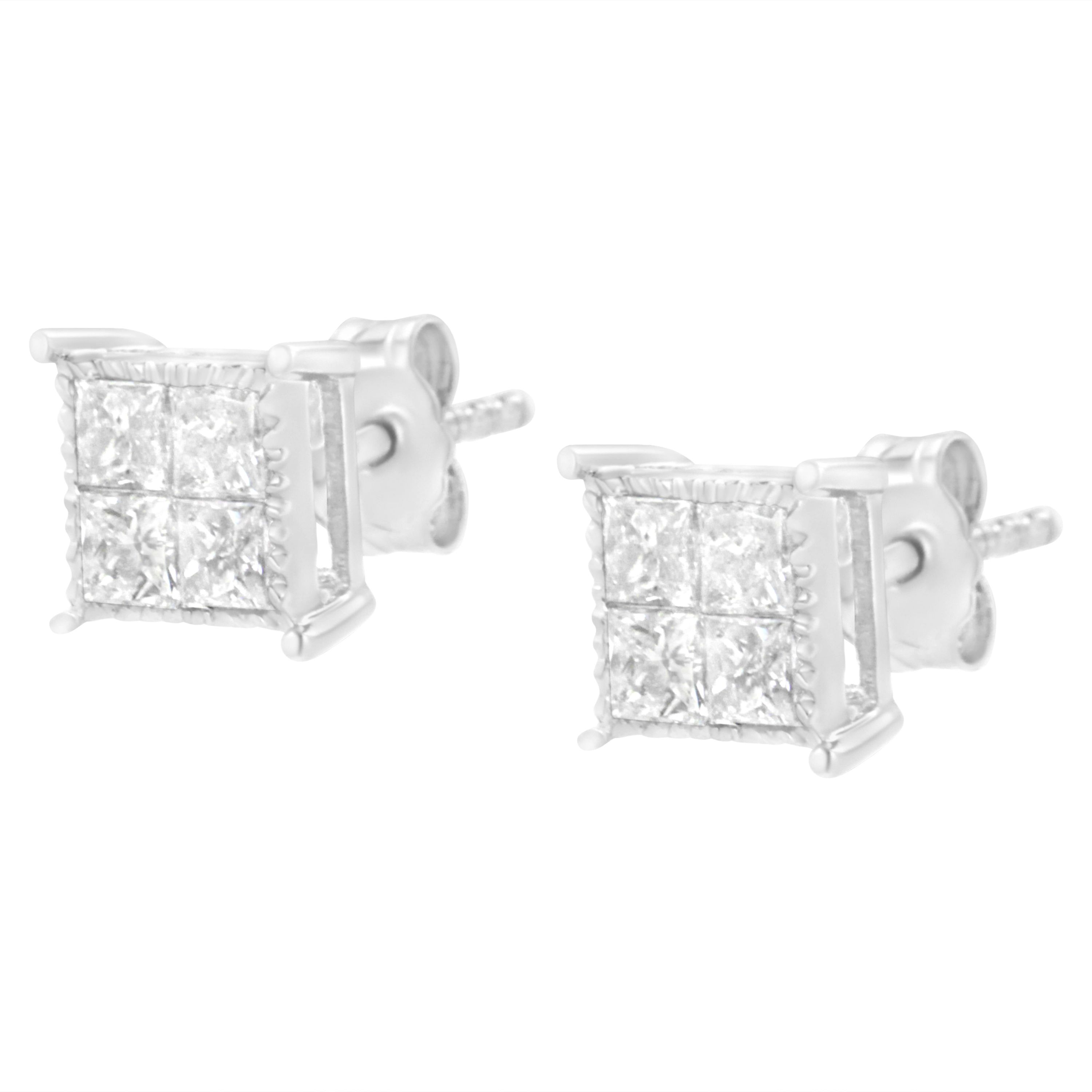 10K White Gold Square Earrings with Princess Diamond