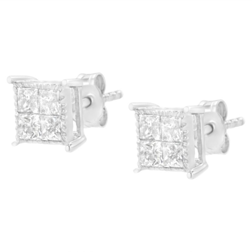 10K White Gold Square Earrings with Princess Diamond