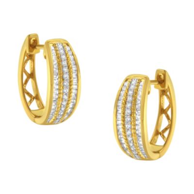 Haus of Brilliance 10K Yellow Gold 3/4 Ct Pave and Channel Diamond Triple Row Modern Hoop Earrings