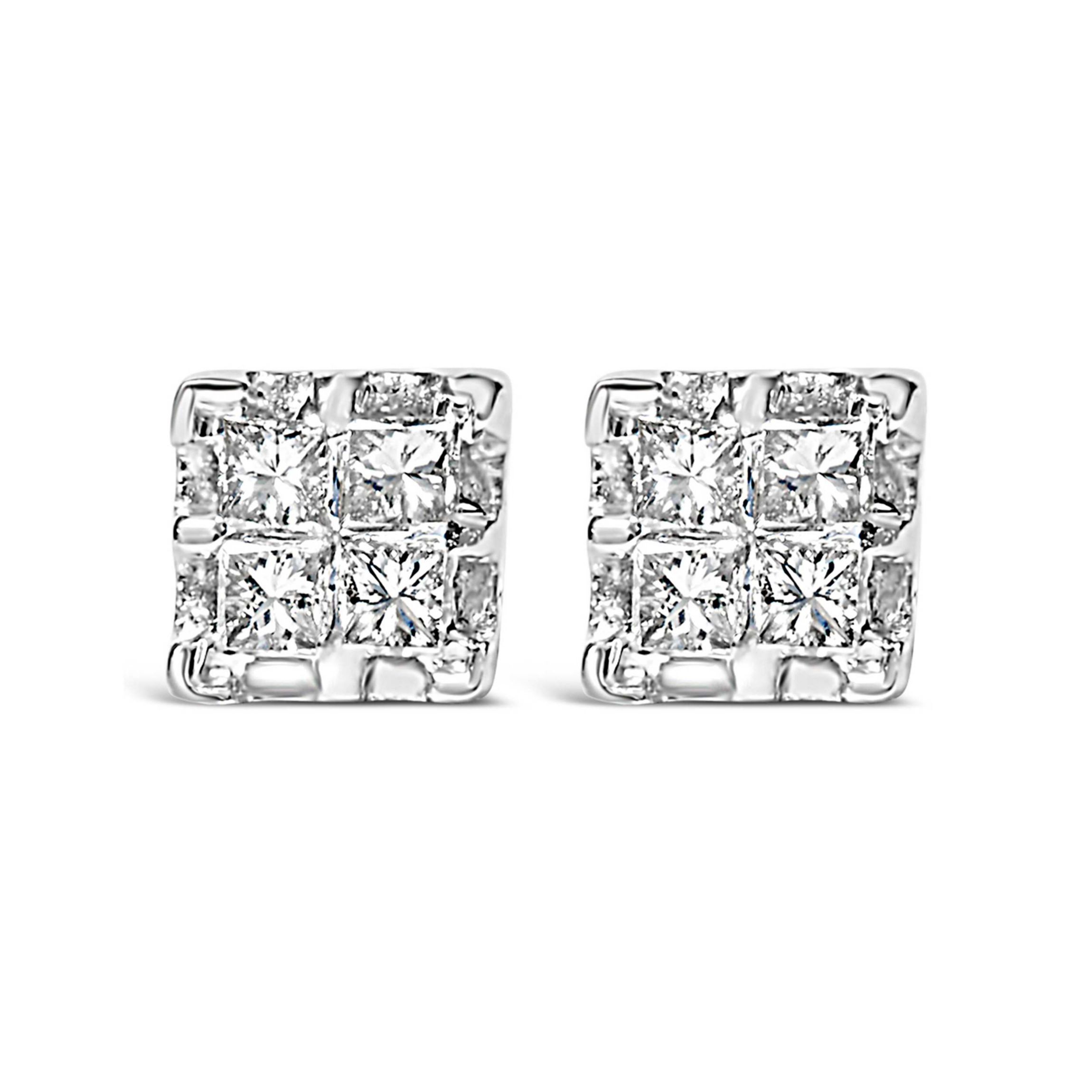 10k Yellow Gold Princess Diamond Quad Stud Earrings