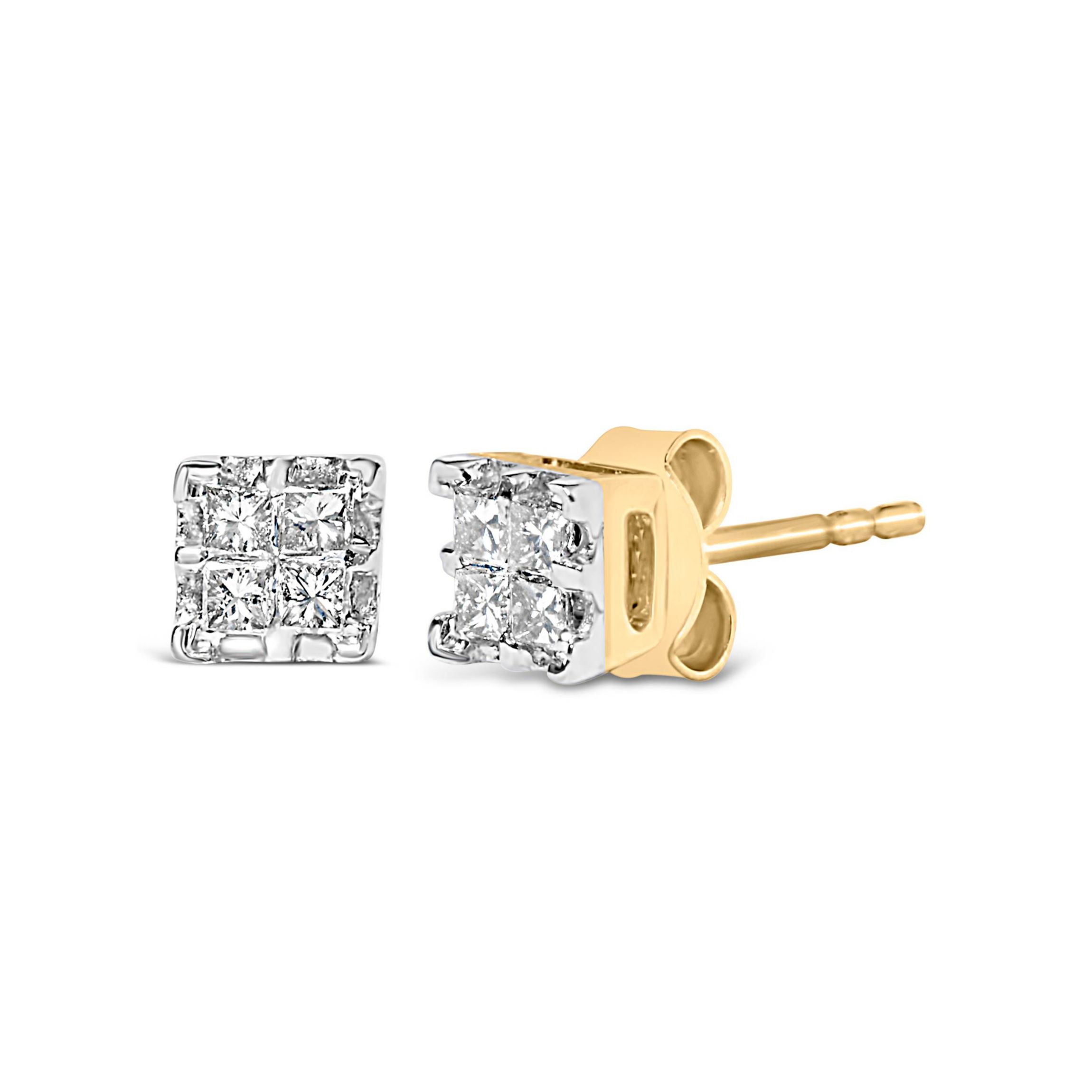 10k Yellow Gold Princess Diamond Quad Stud Earrings