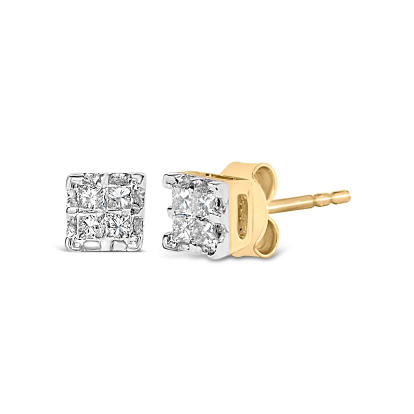 10k Yellow Gold Princess Diamond Quad Stud Earrings