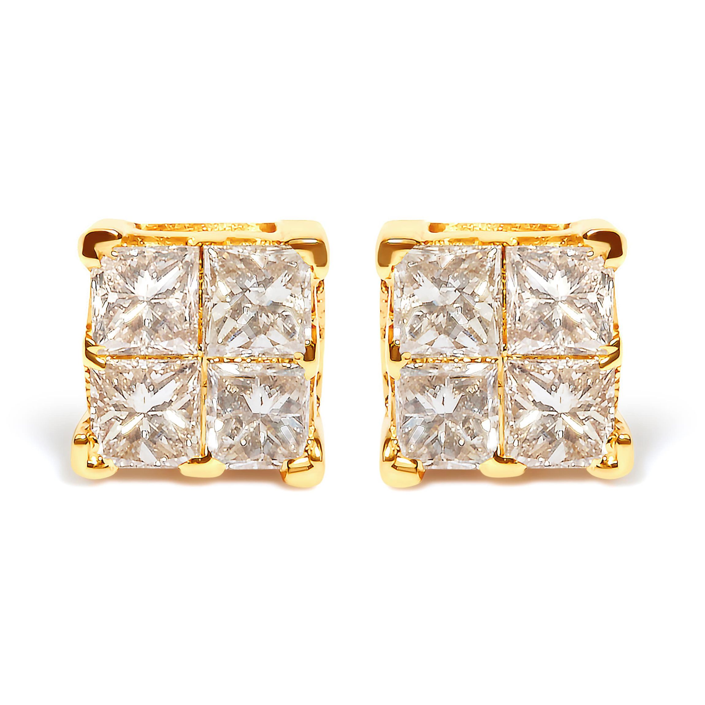 10K Yellow Gold 3/4 Ct Invisible Princess Composite Square Stud Earrings