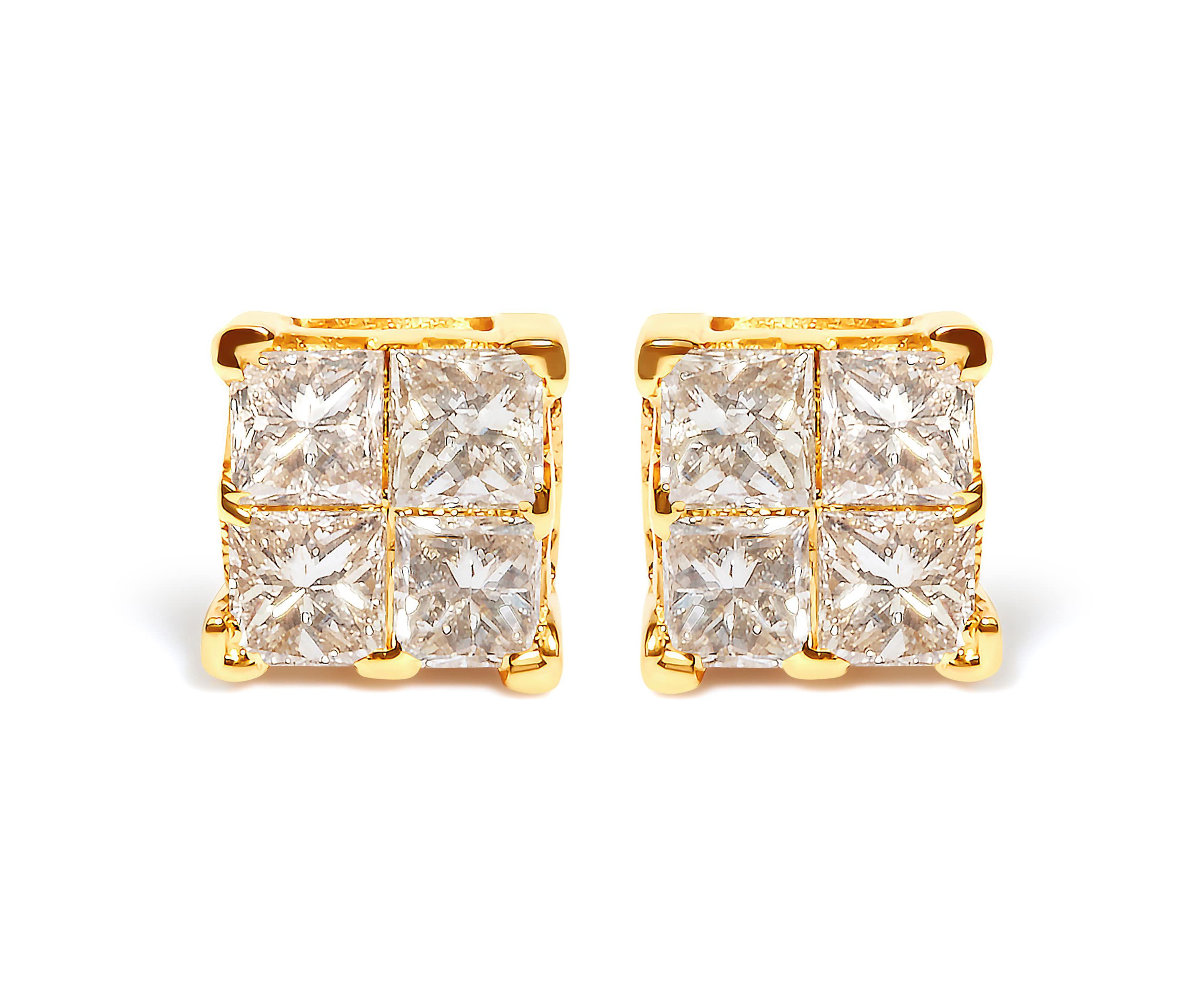 10K Yellow Gold 3/4 Ct Invisible Princess Composite Square Stud Earrings