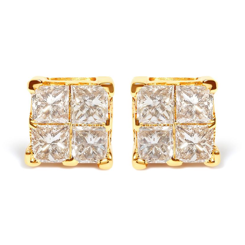 10K Yellow Gold 3/4 Ct Invisible Princess Composite Square Stud Earrings