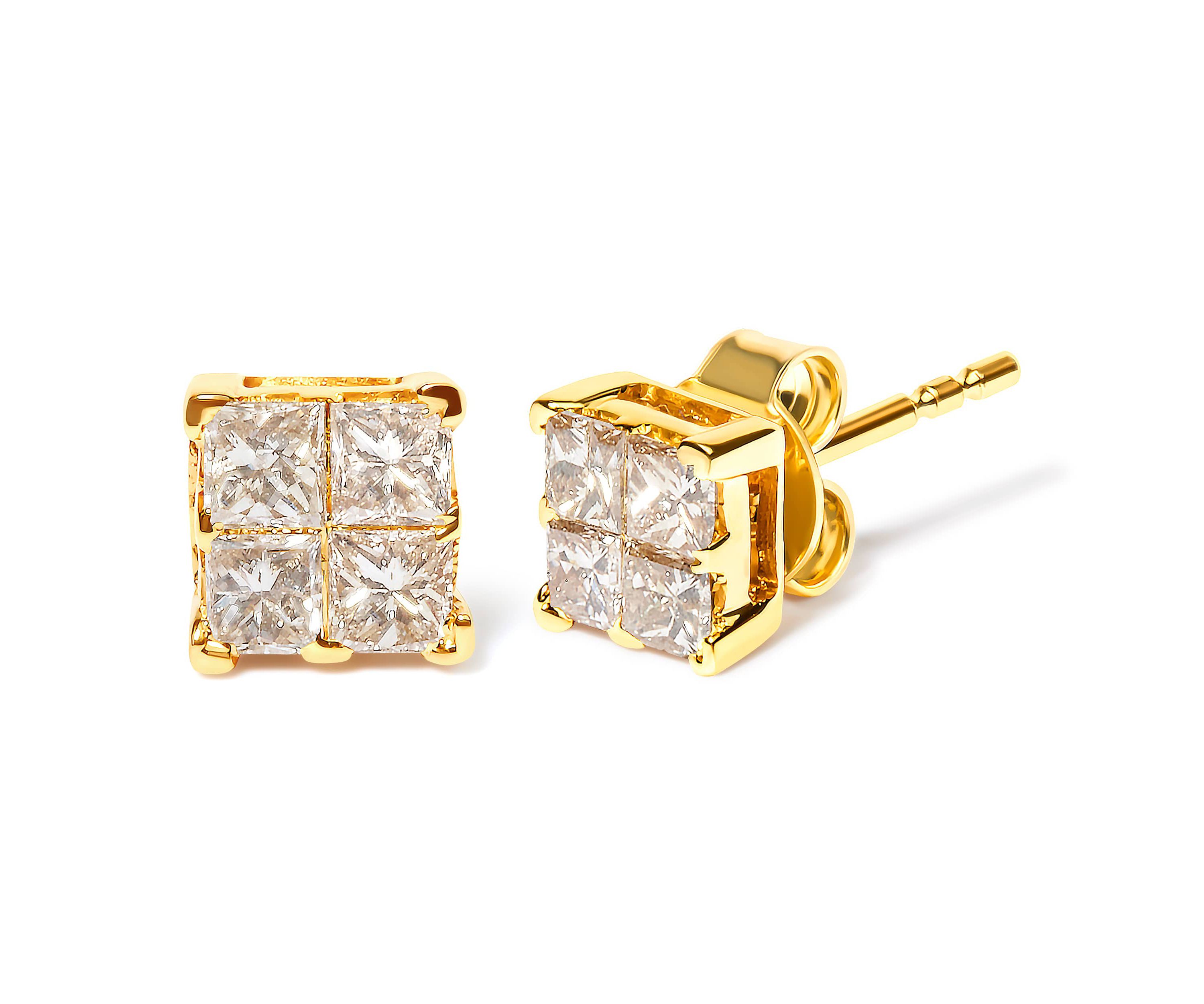 10K Yellow Gold 3/4 Ct Invisible Princess Composite Square Stud Earrings