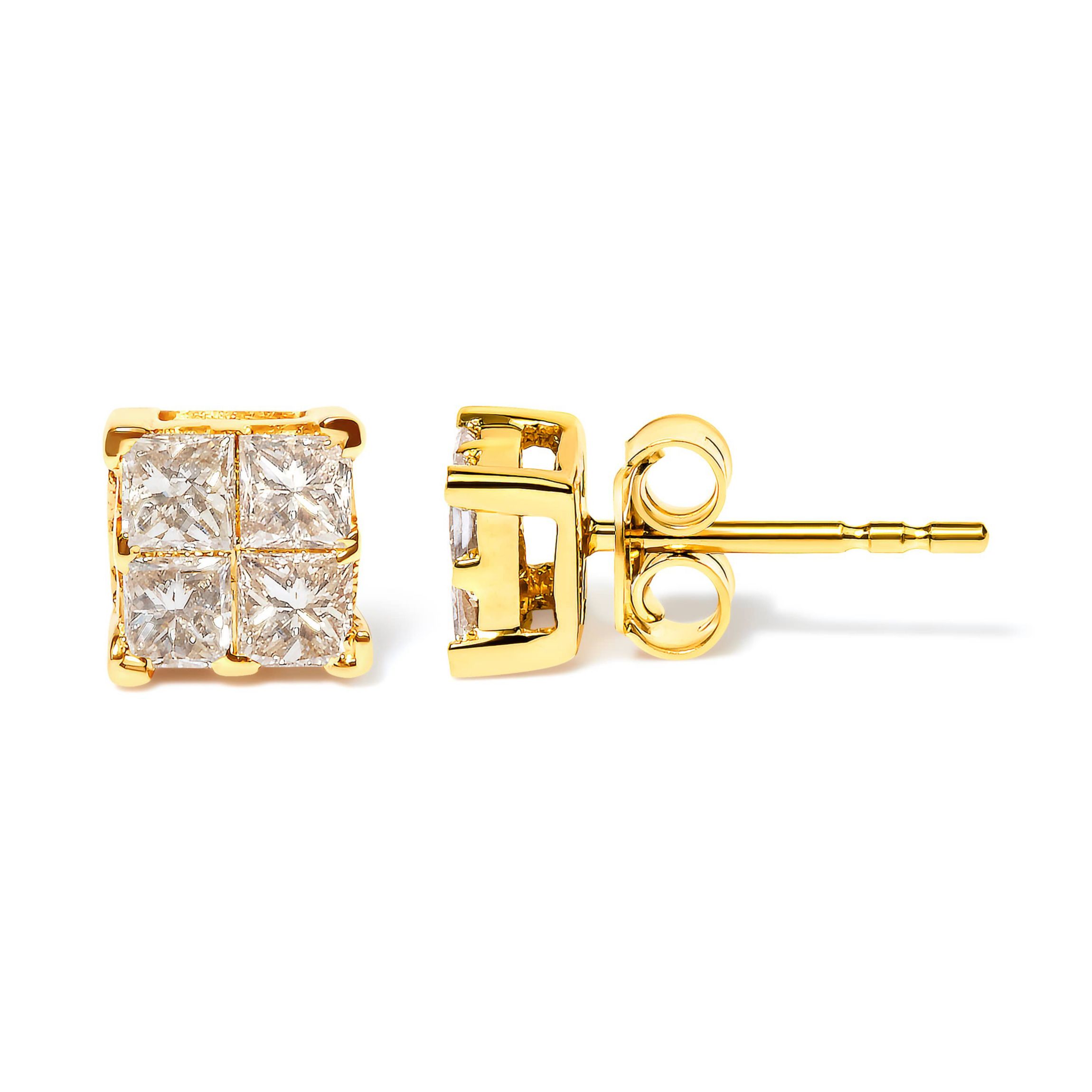 10K Yellow Gold 3/4 Ct Invisible Princess Composite Square Stud Earrings