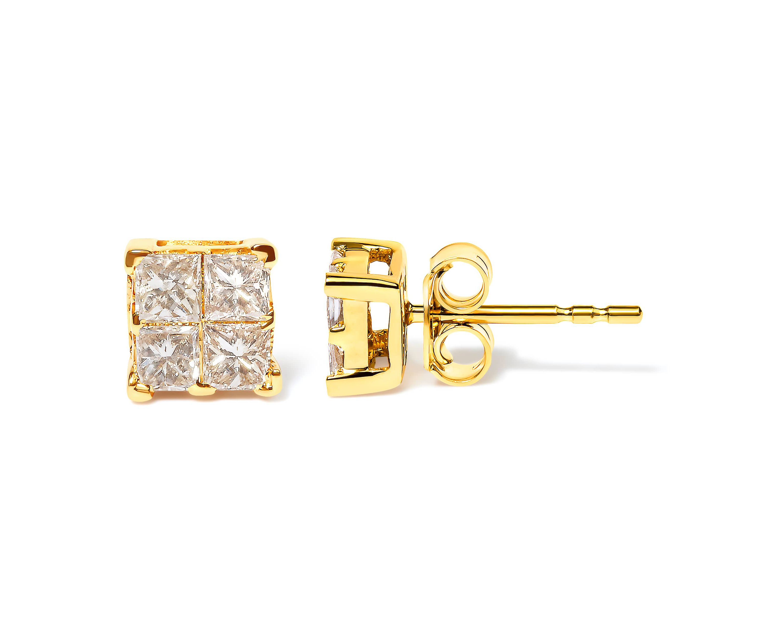 10K Yellow Gold 3/4 Ct Invisible Princess Composite Square Stud Earrings
