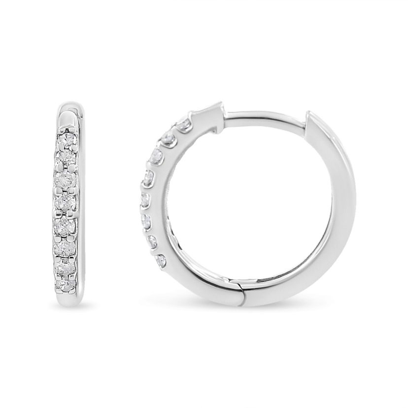 10K White Gold 1/5 Ct RoundDiamond Modern Hoop Earrings