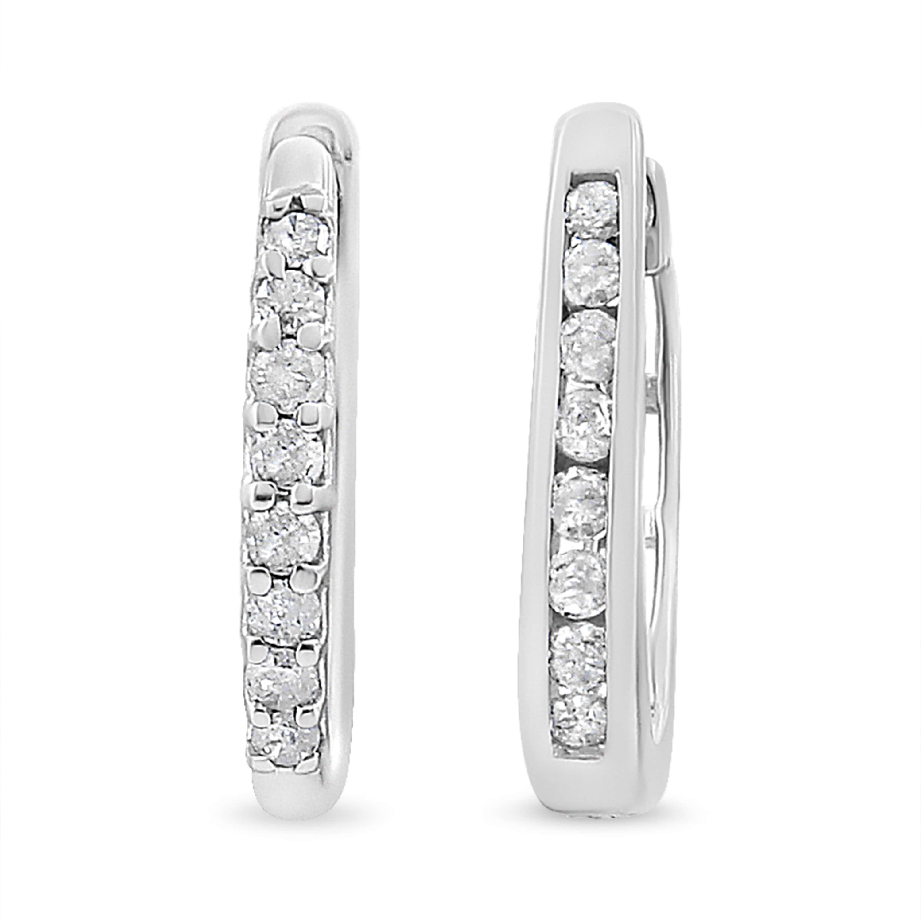 10K White Gold 1/5 Ct RoundDiamond Modern Hoop Earrings