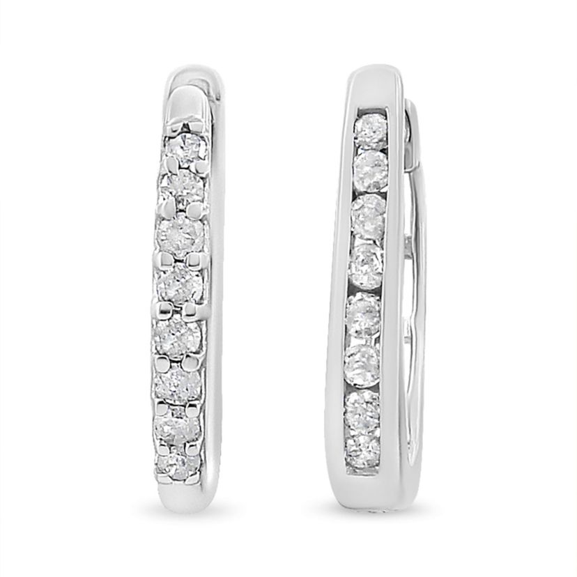10K White Gold 1/5 Ct RoundDiamond Modern Hoop Earrings
