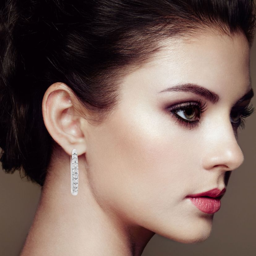 10K White Gold 1/5 Ct RoundDiamond Modern Hoop Earrings