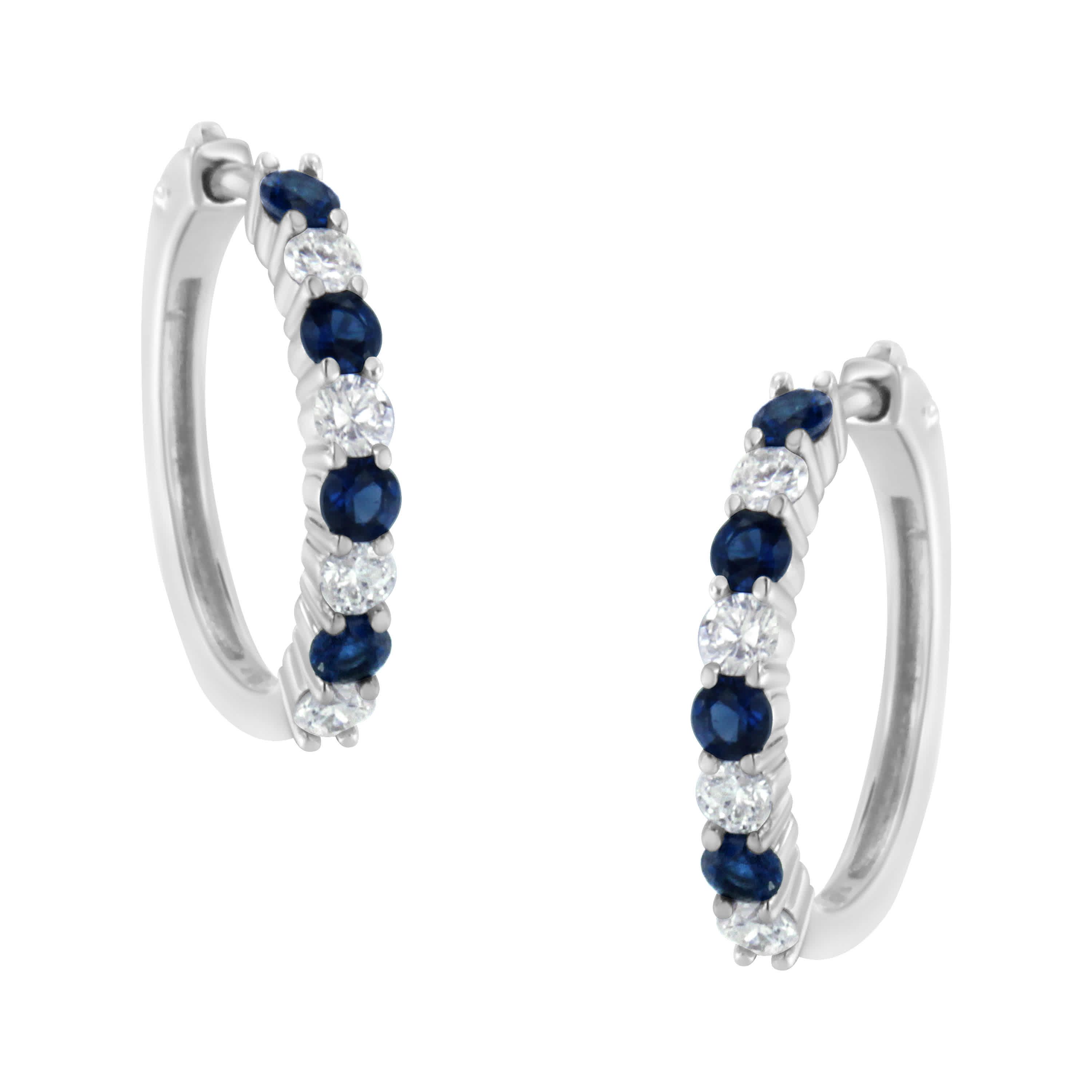 10K White Gold Diamond and Lab-Grown Blue Sapphire Leverback Hoop Earrings