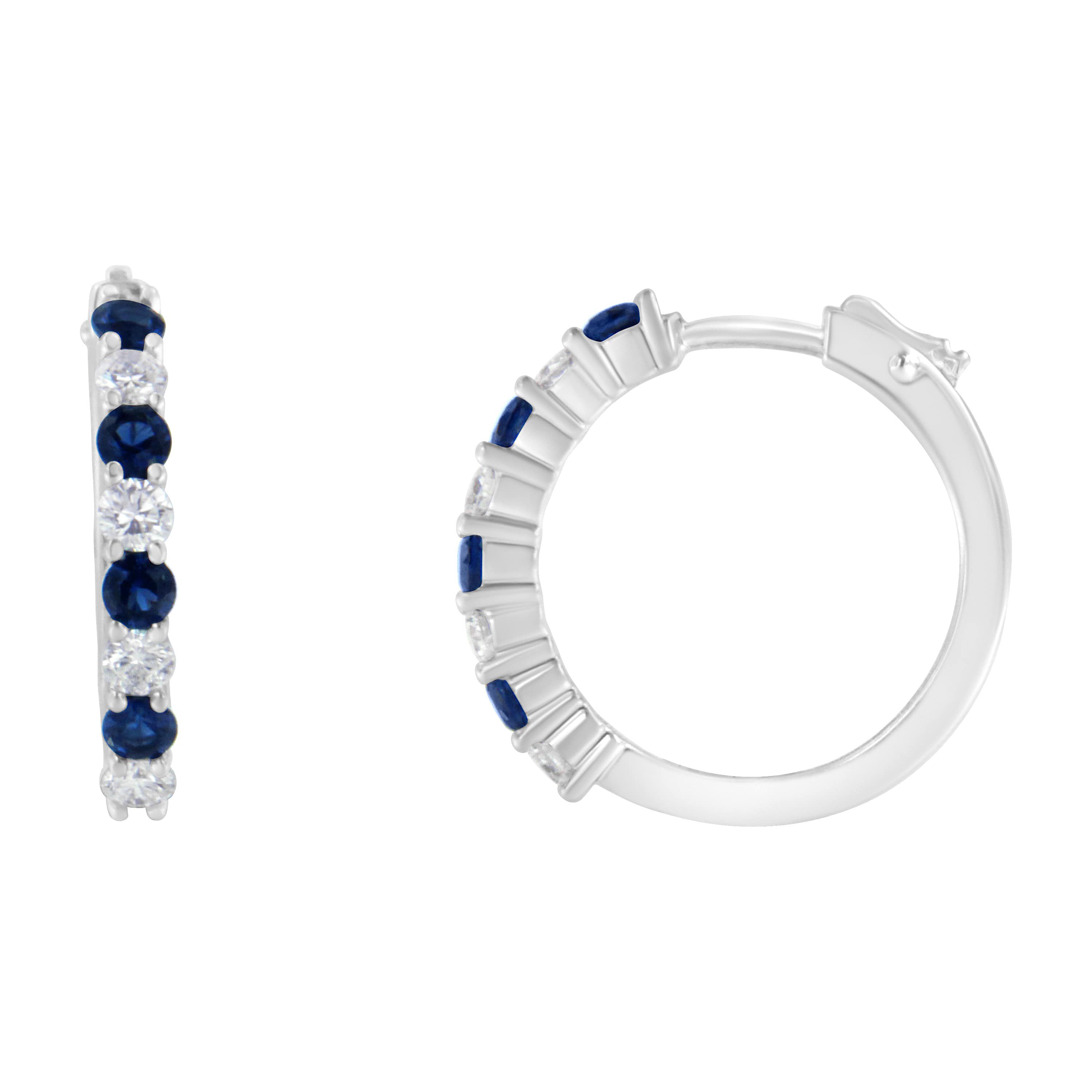 10K White Gold Diamond and Lab-Grown Blue Sapphire Leverback Hoop Earrings