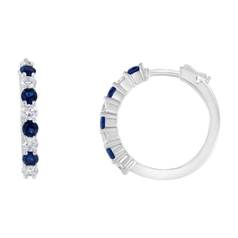10K White Gold Diamond and Lab-Grown Blue Sapphire Leverback Hoop Earrings