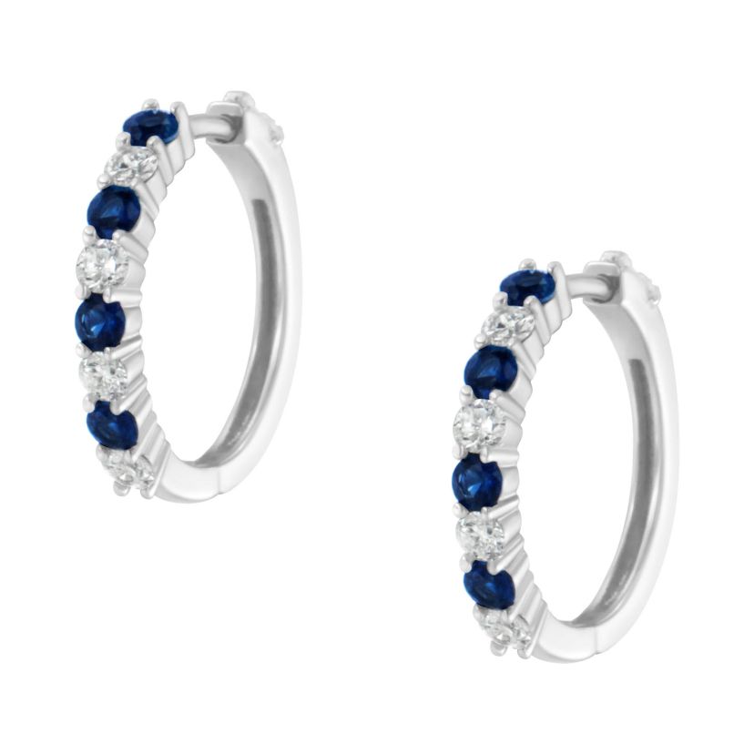 10K White Gold Diamond and Lab-Grown Blue Sapphire Leverback Hoop Earrings