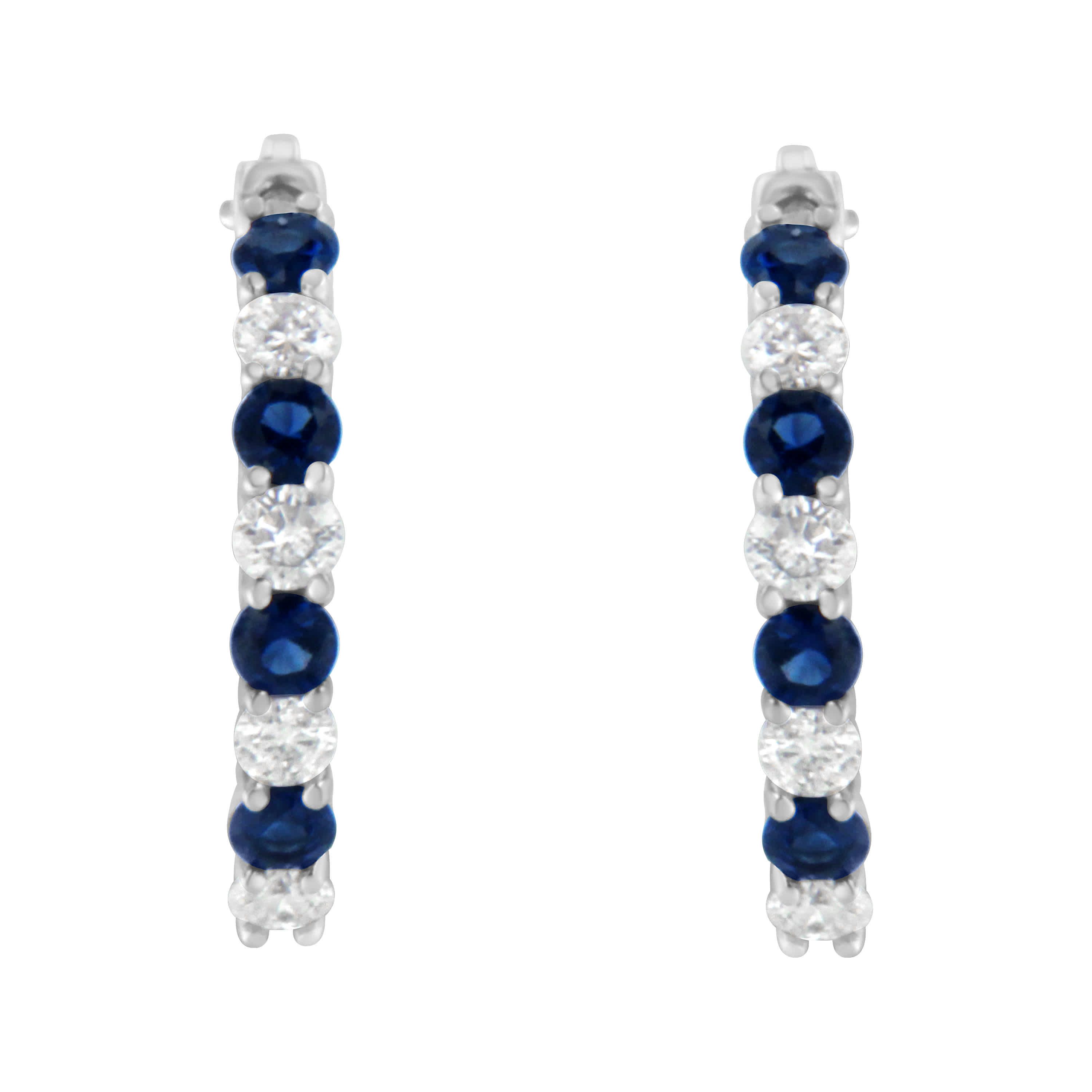 10K White Gold Diamond and Lab-Grown Blue Sapphire Leverback Hoop Earrings