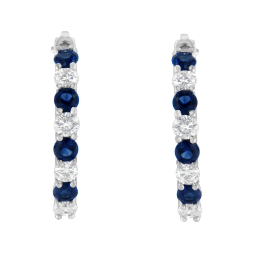 10K White Gold Diamond and Lab-Grown Blue Sapphire Leverback Hoop Earrings