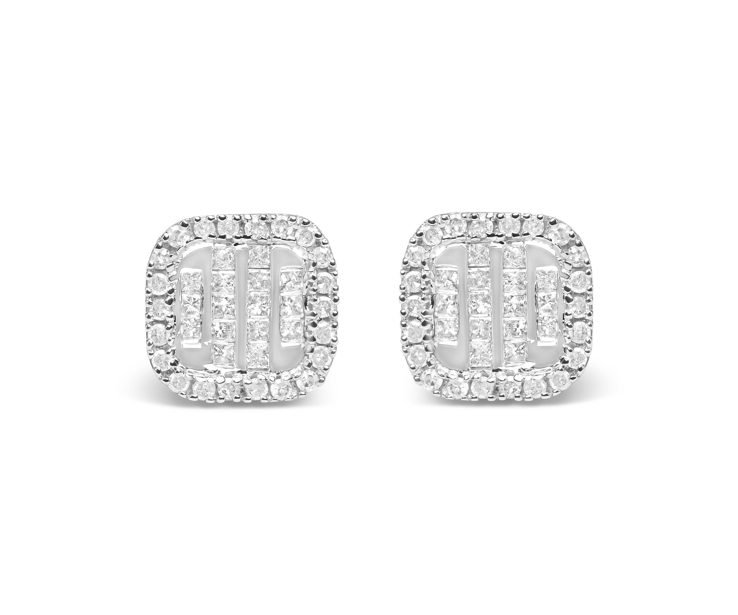10K White Gold 7/8 Cttw Diamond Princess Composite and Halo Stud Earrings