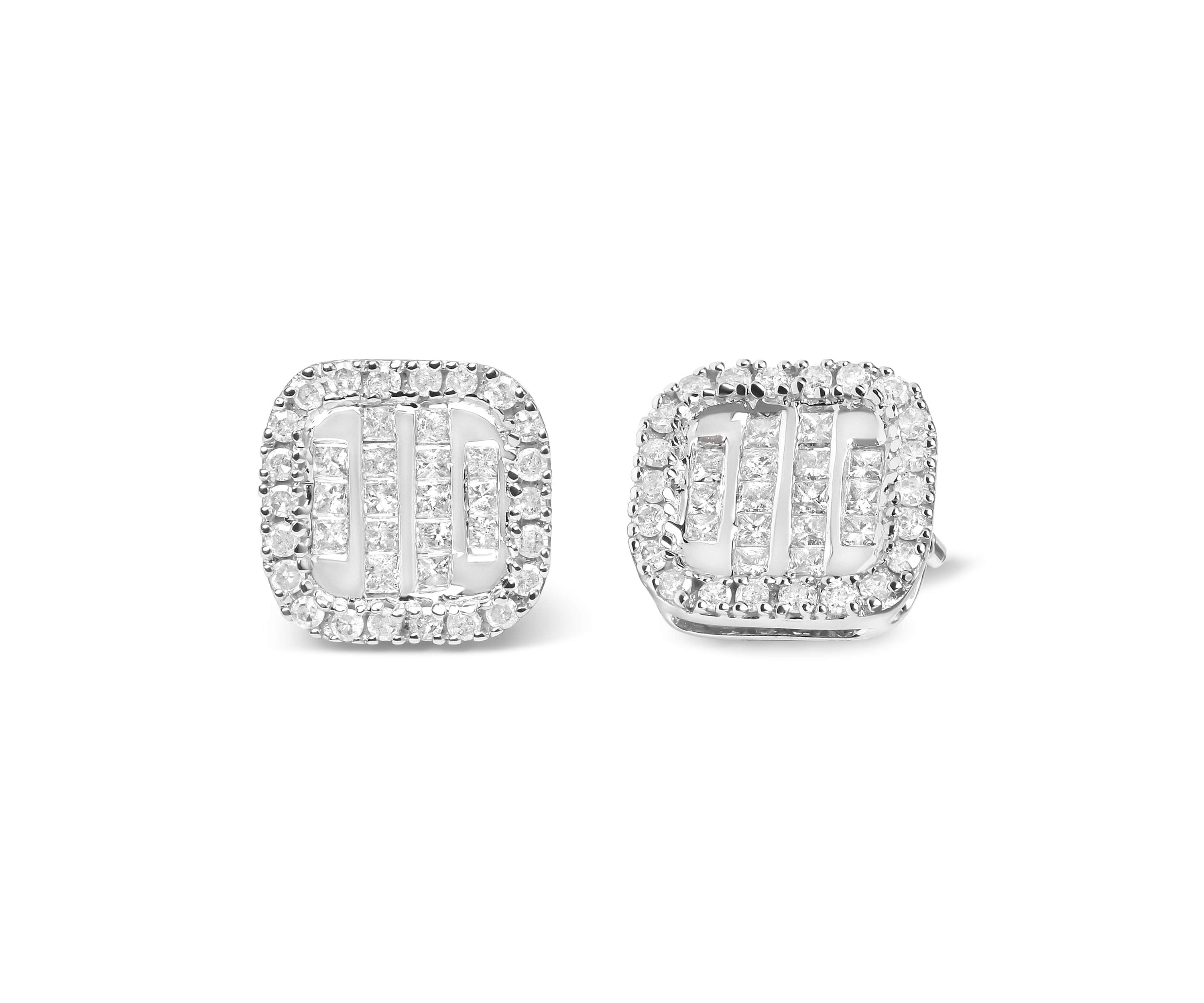 10K White Gold 7/8 Cttw Diamond Princess Composite and Halo Stud Earrings