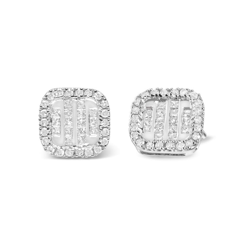 10K White Gold 7/8 Cttw Diamond Princess Composite and Halo Stud Earrings