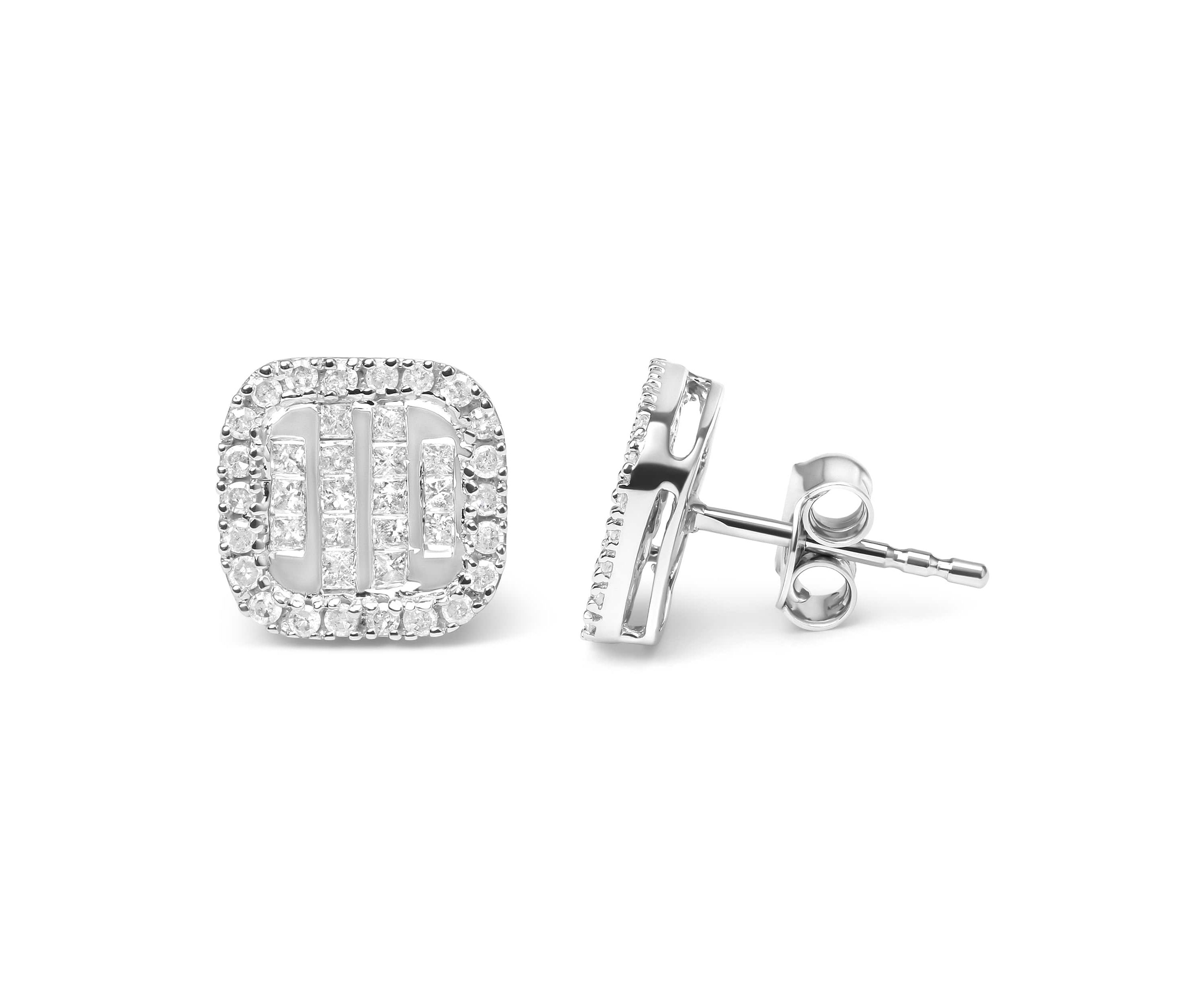 10K White Gold 7/8 Cttw Diamond Princess Composite and Halo Stud Earrings