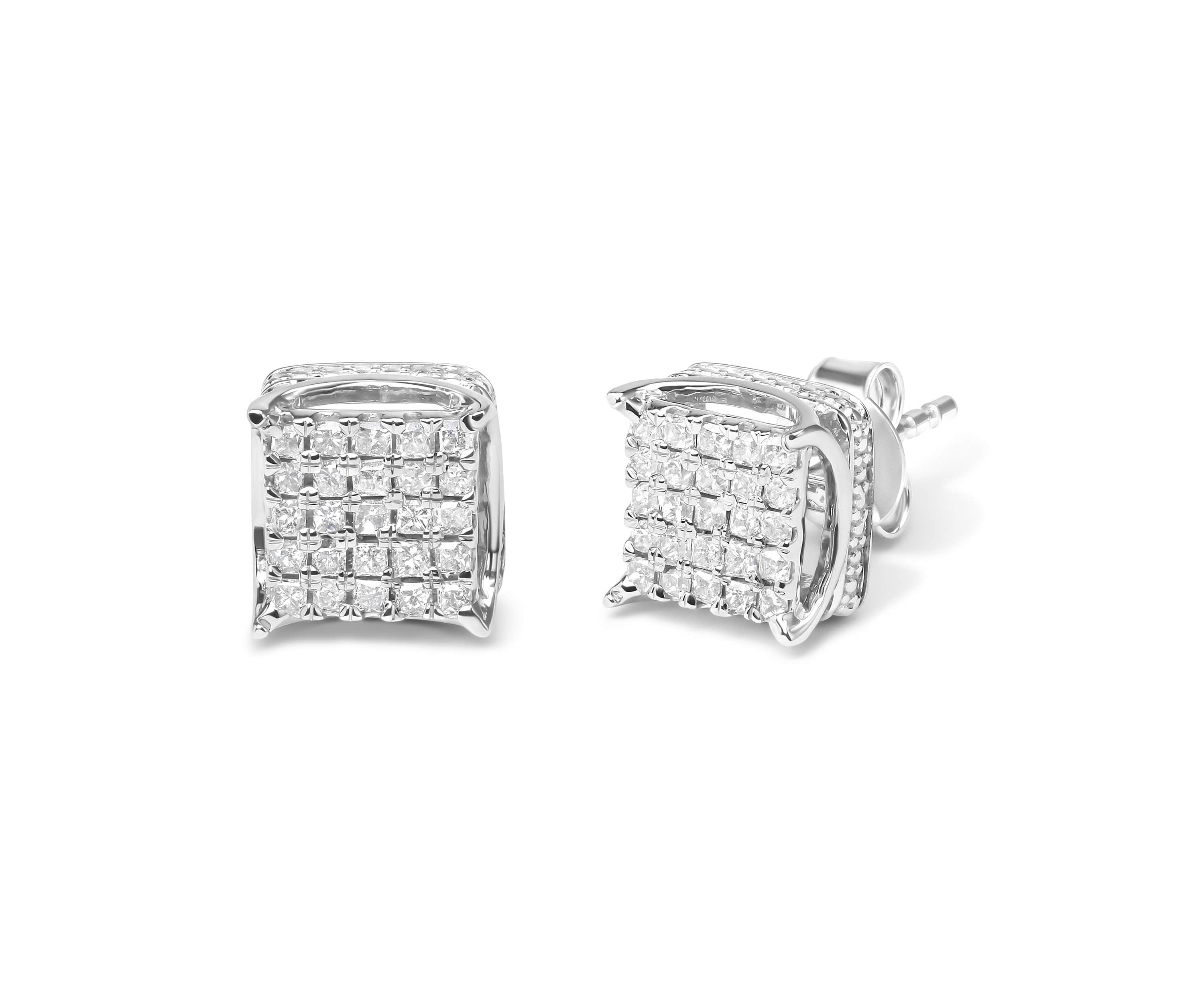 10K White Gold 1/2 Cttw Princess Diamond Square Shaped Multi Stone Stud Earrings