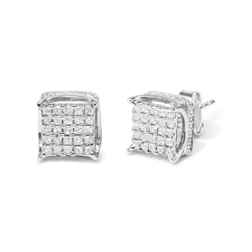 10K White Gold 1/2 Cttw Princess Diamond Square Shaped Multi Stone Stud Earrings
