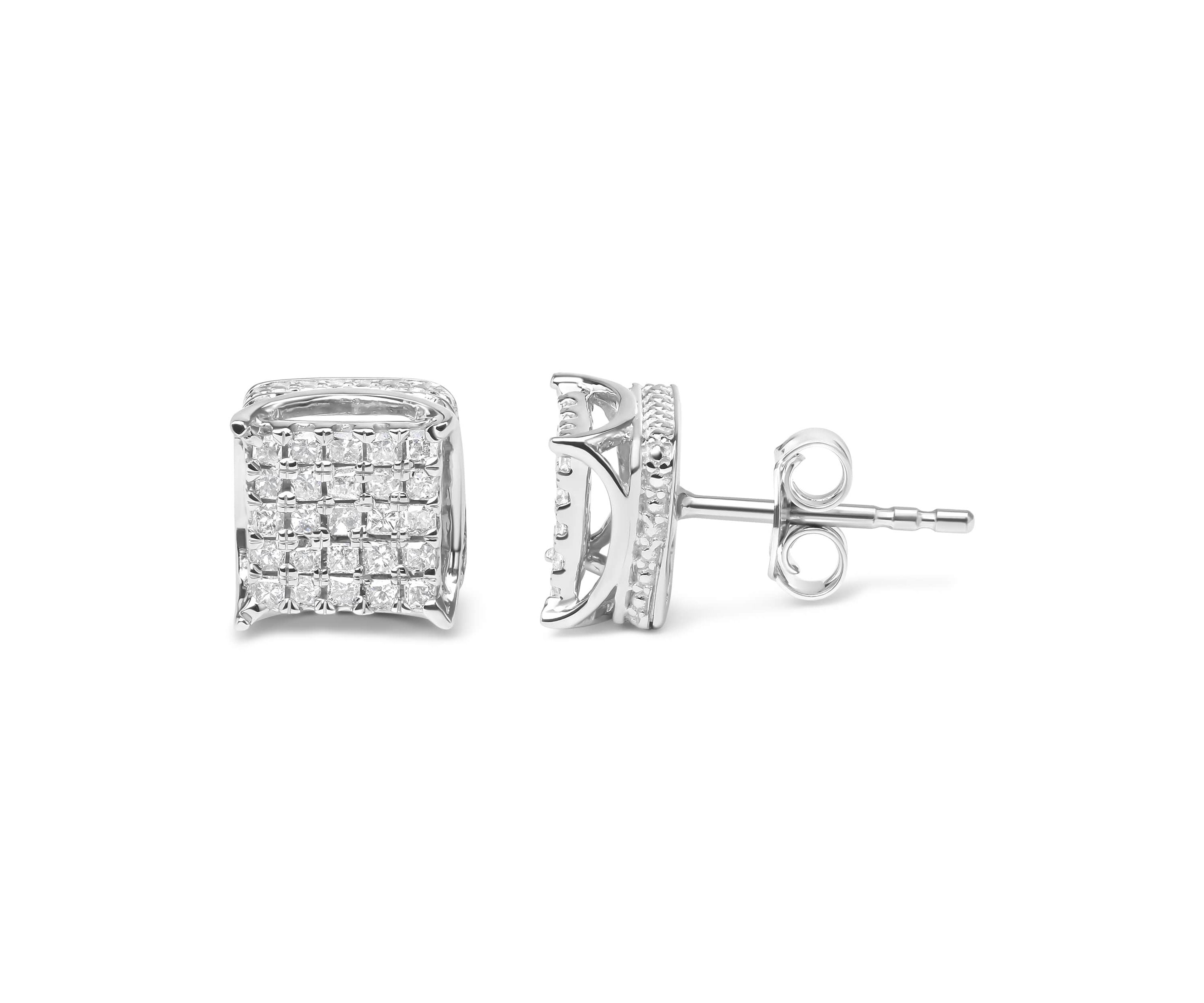 10K White Gold 1/2 Cttw Princess Diamond Square Shaped Multi Stone Stud Earrings