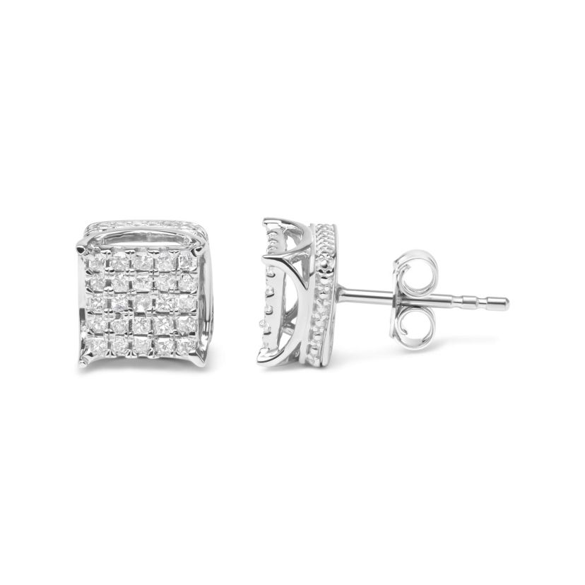 10K White Gold 1/2 Cttw Princess Diamond Square Shaped Multi Stone Stud Earrings