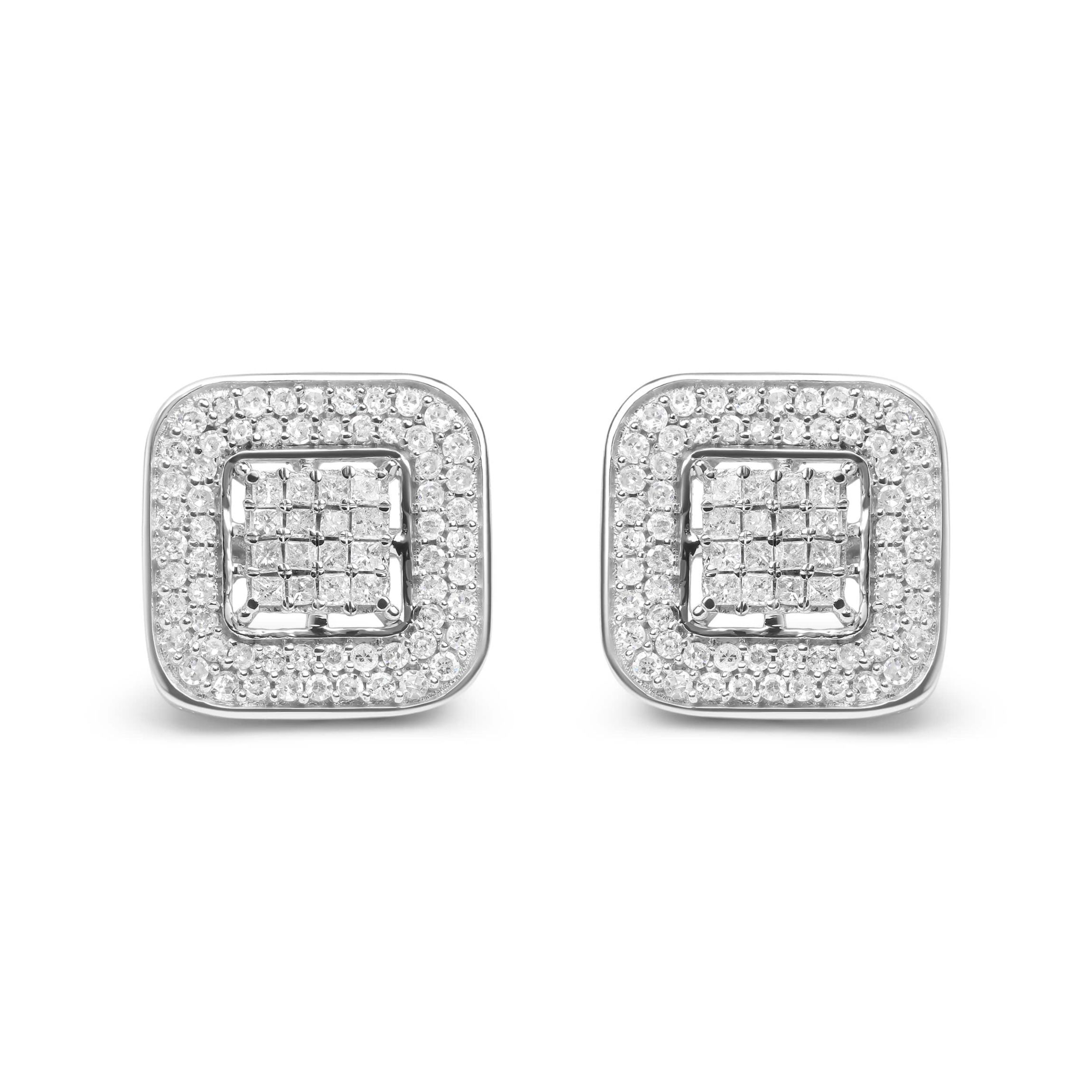 10K White Gold 1.0 Cttw Round and Princess Diamond Composite Halo Stud Earrings
