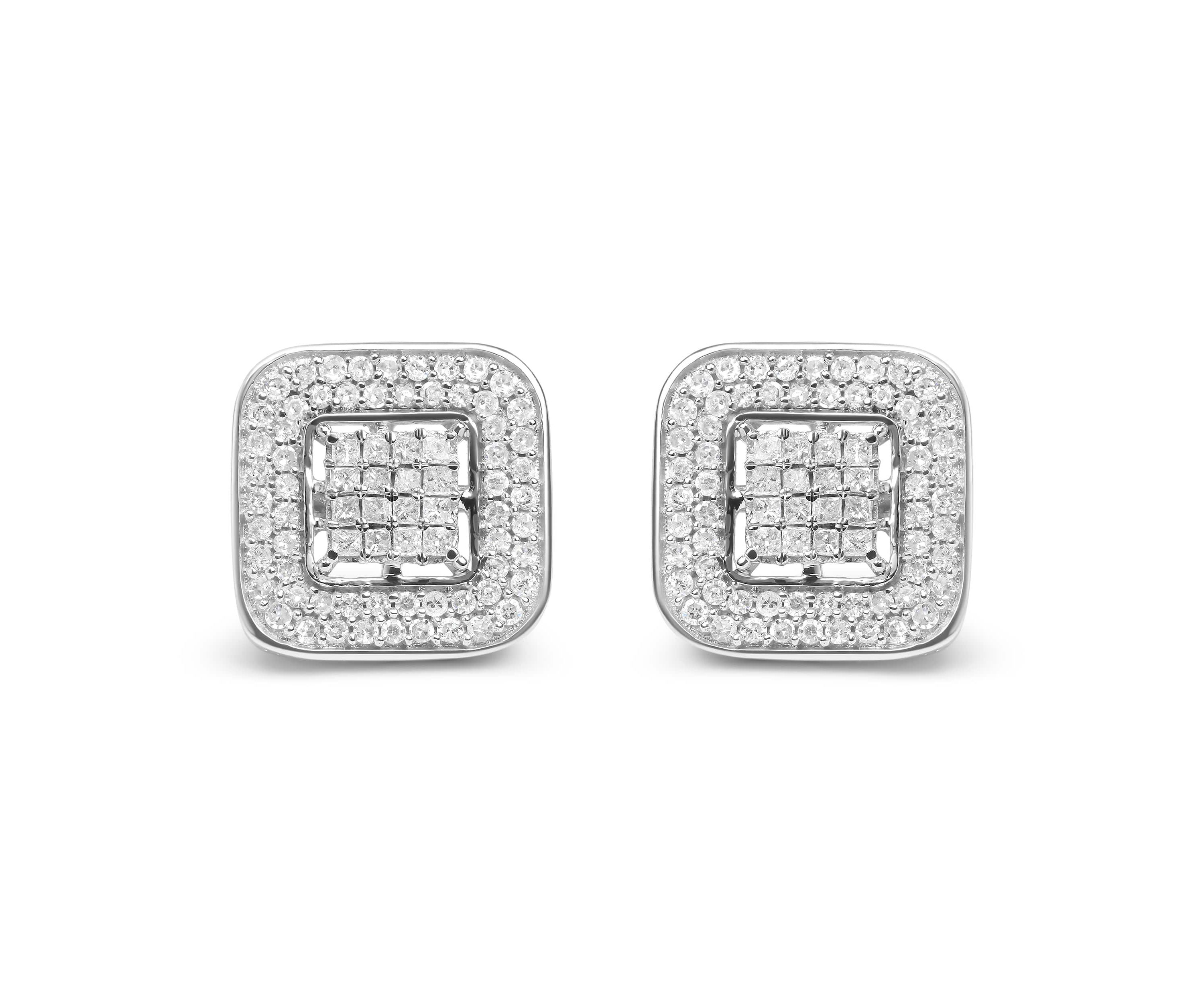 10K White Gold 1.0 Cttw Round and Princess Diamond Composite Halo Stud Earrings