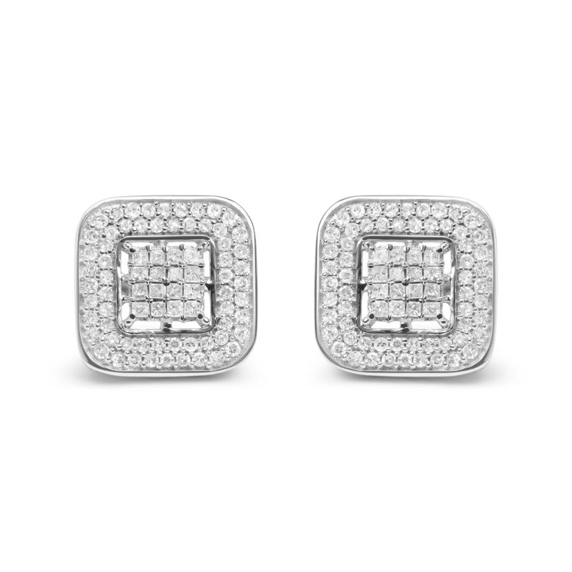 10K White Gold 1.0 Cttw Round and Princess Diamond Composite Halo Stud Earrings