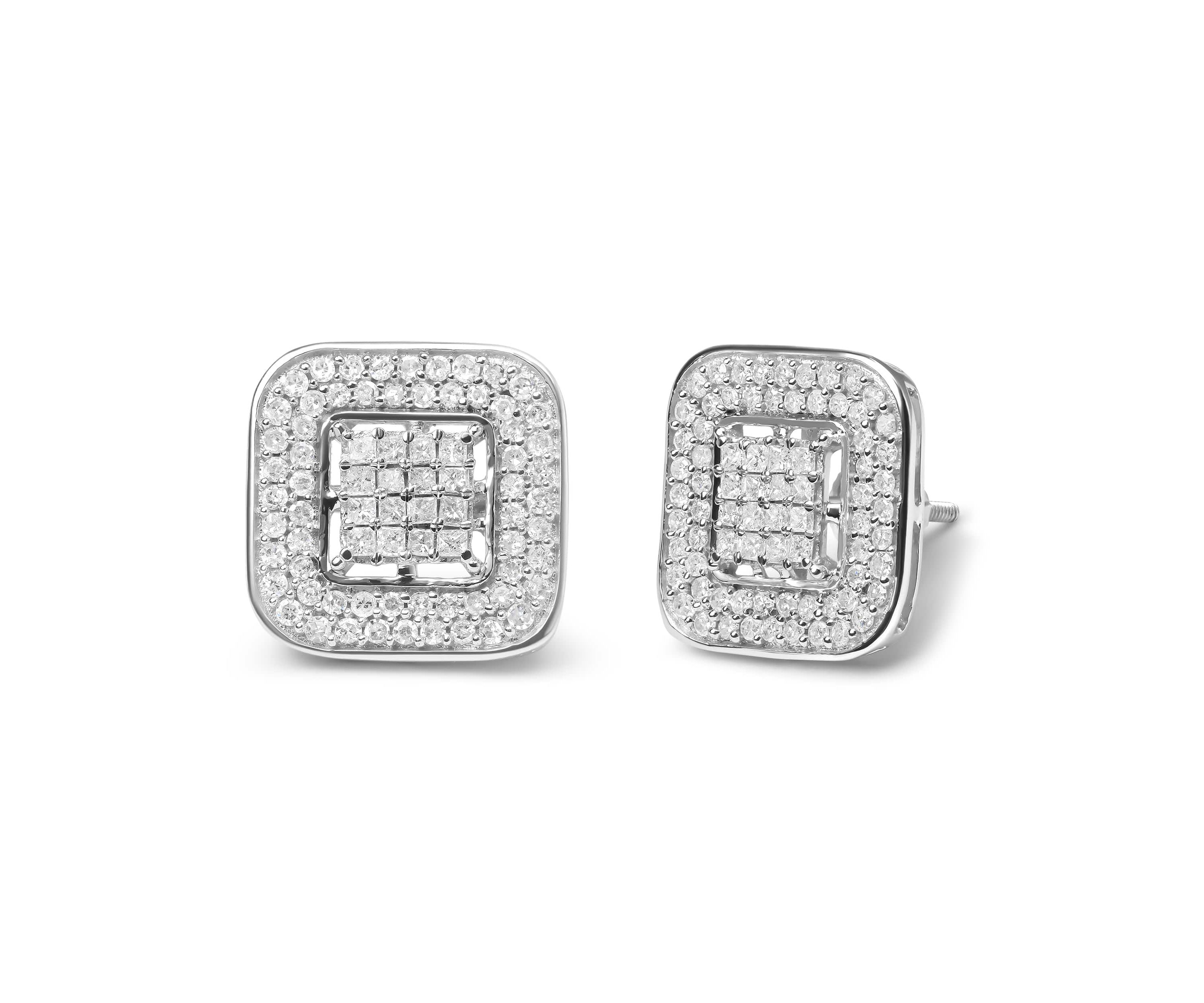 10K White Gold 1.0 Cttw Round and Princess Diamond Composite Halo Stud Earrings